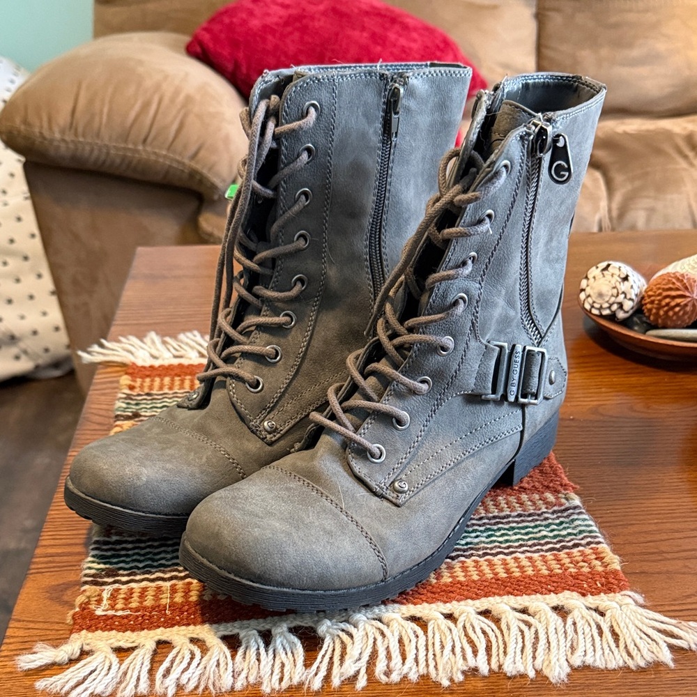 Grey Lace-Up Ankle Boots with Side Zipper